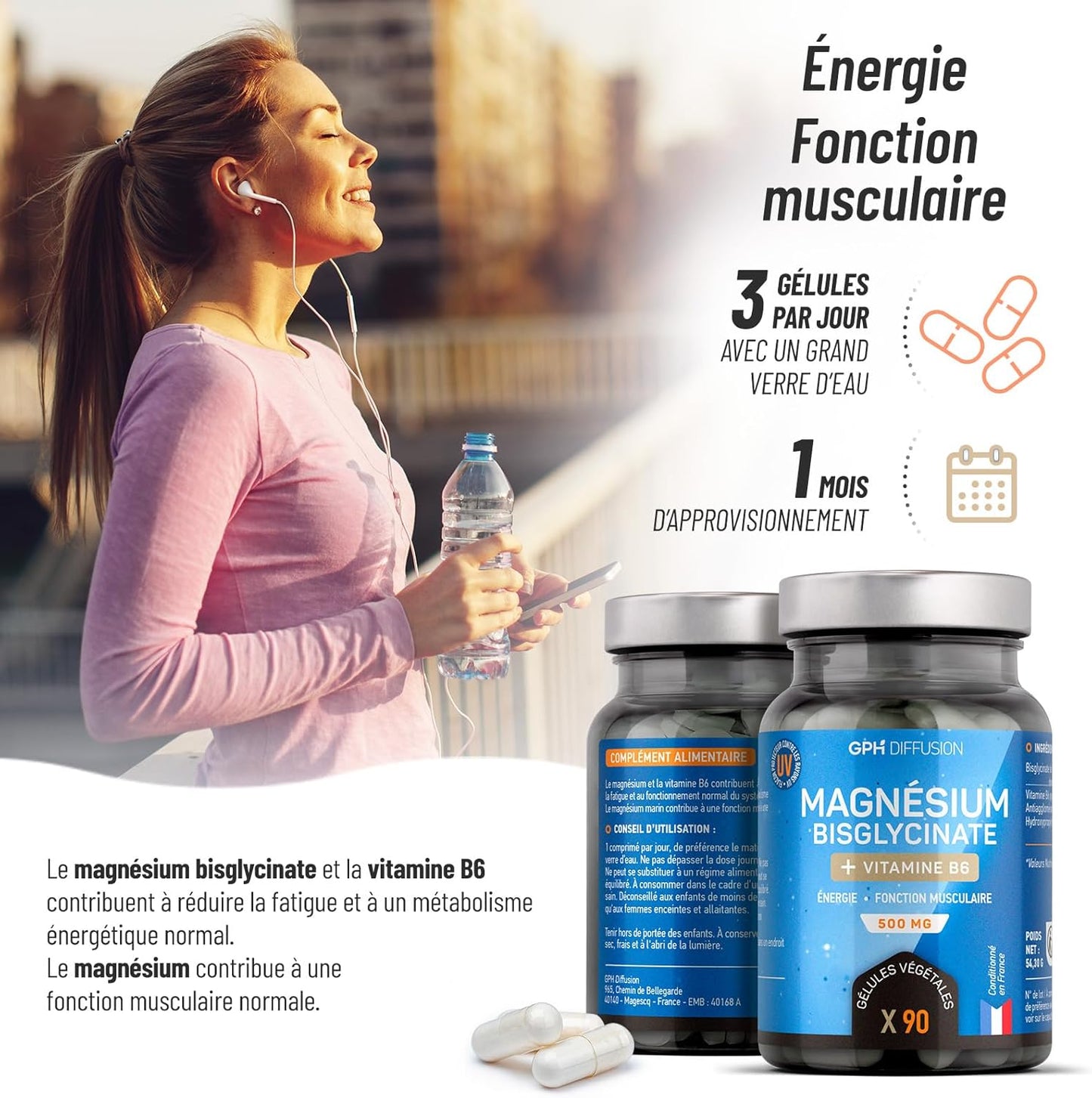 Magnésium Bisglycinate + Vitamine B6 500 mg - 90 gélules végétales