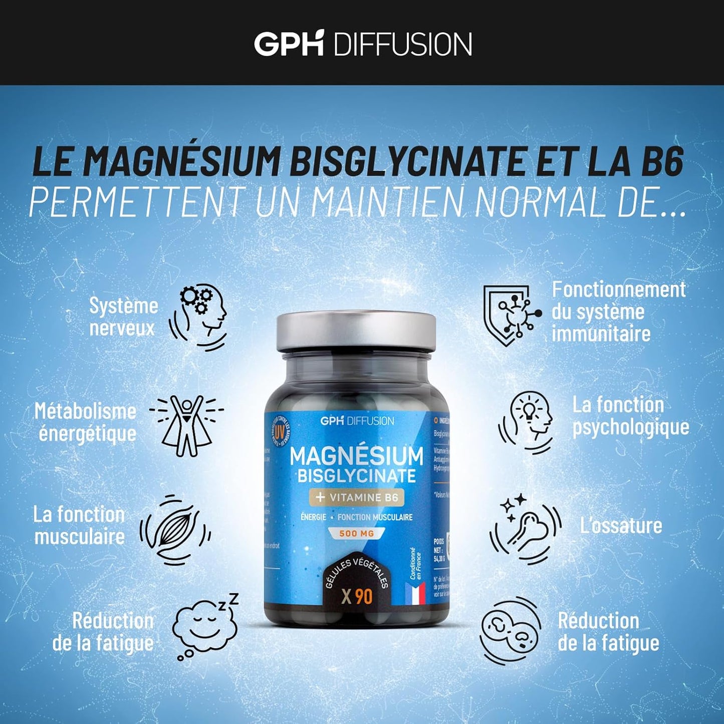 Magnésium Bisglycinate + Vitamine B6 500 mg - 90 gélules végétales